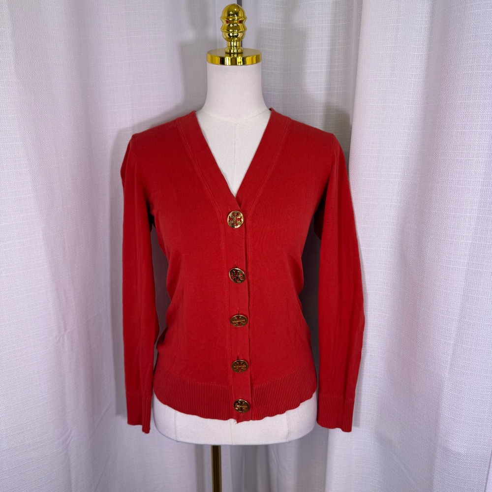 Tory Burch Simone Cardigan Women Size S Red Gold Logo Button V-Neck Cotton Knit
